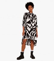 Apricot White Zebra Print 1/2 Roll Sleeve Dip Hem Midi Shirt Dress